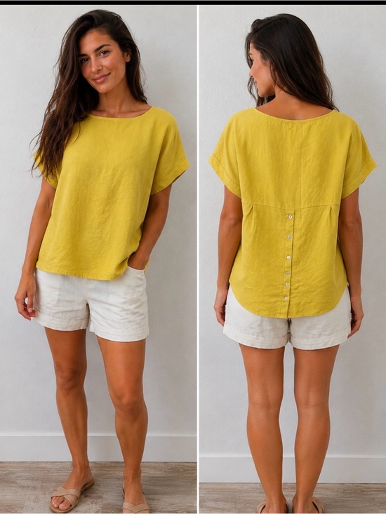 Terzo Millennio Tops - Women's Yellow Button-Back Short Sleeve‎ Linen Top